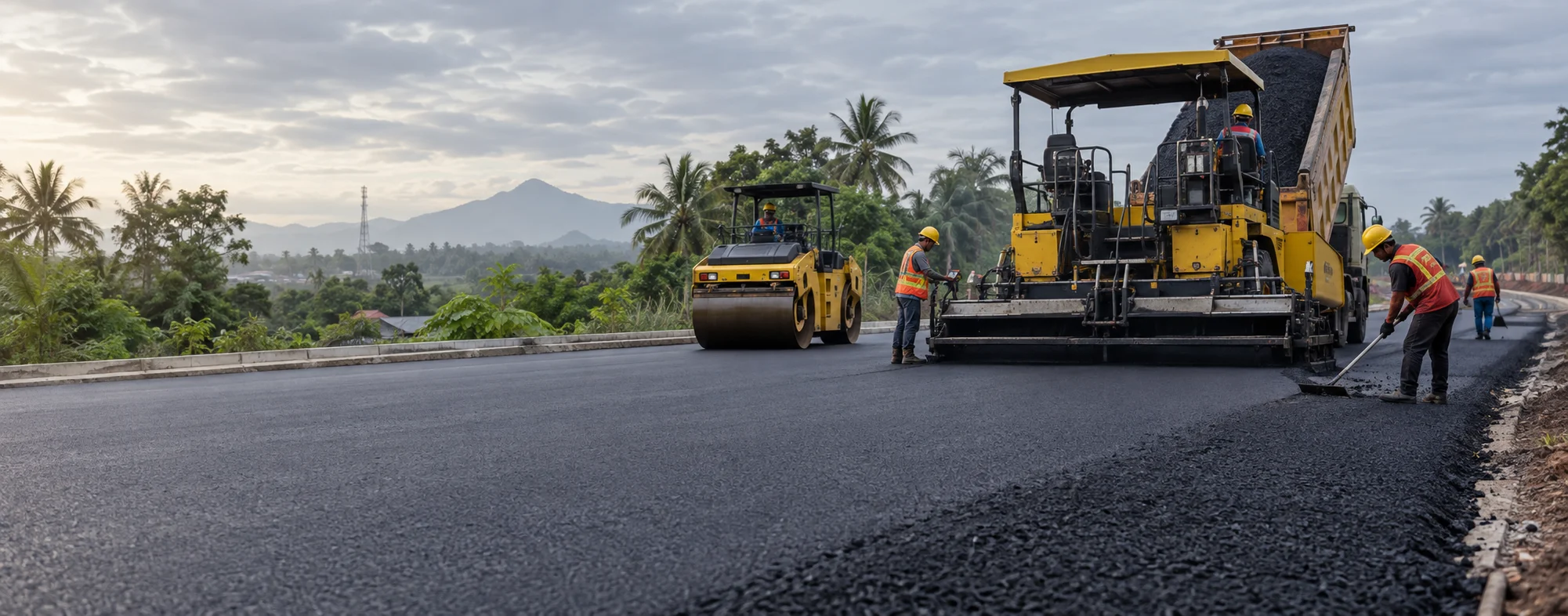 Ilustrasi tim profesional mengerjakan pengaspalan jalan dengan alat berat